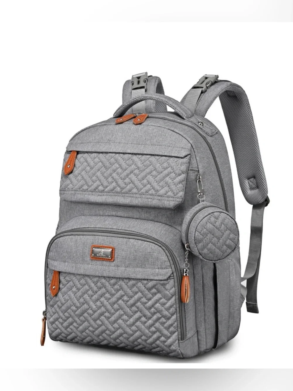 NWT - BabbleRoo - Gray Quilted Baby Diaper Backpack with Tan Accent Trim